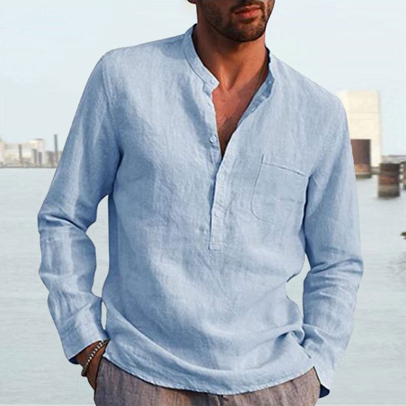 Men's Shirt Linen Shirt Maroon Shirt Solid Color V Neck White Black Gray Wine Army Green Long Sleeve Daily Vacation Tee