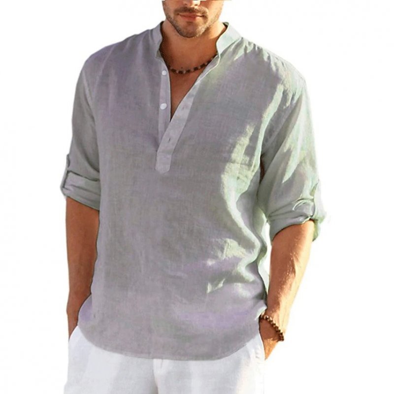 Men's Solid Color Casual Long Sleeve Cotton Linen Shirt