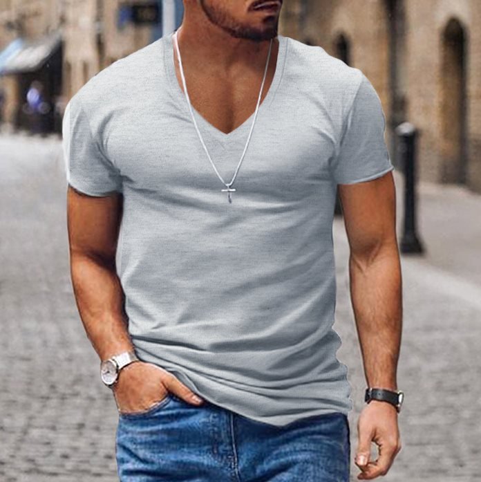 Men's Casual V-neck Solid Color Short-sleeved T-shirt