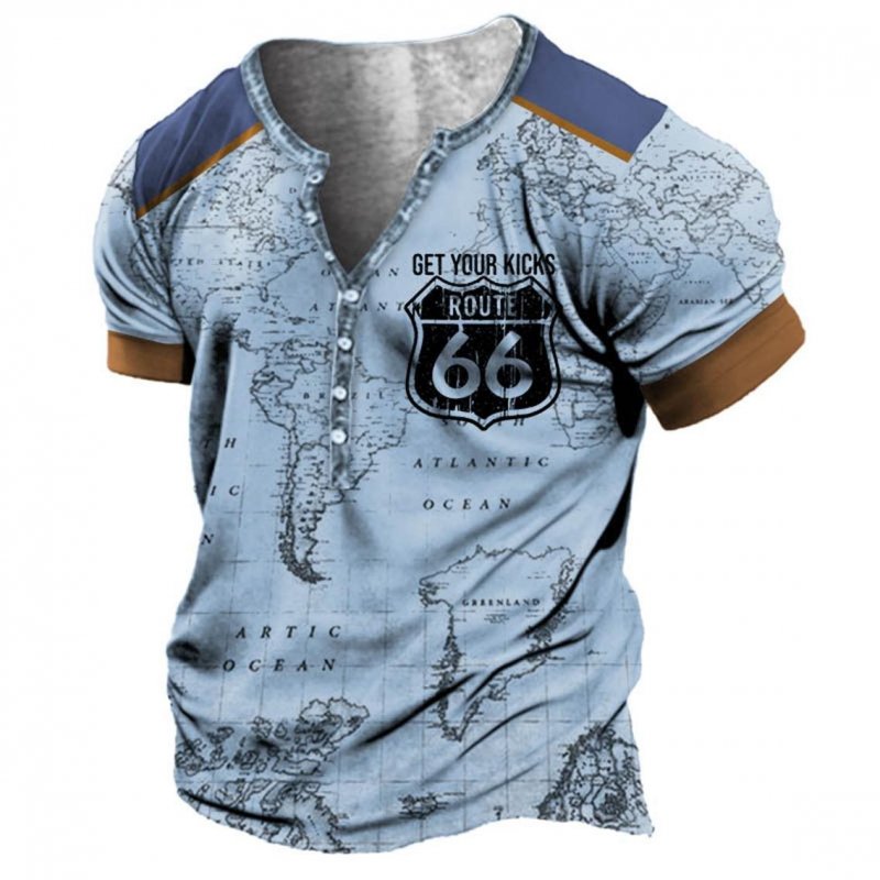 Plus Size Men's Vintage Nautical Map Route 66 Henley T-Shirt