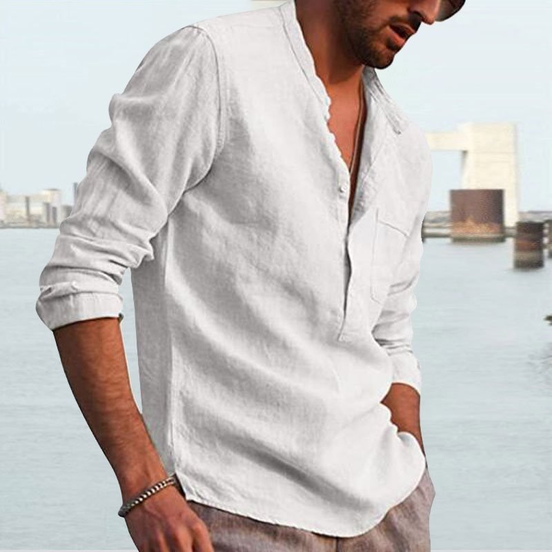 Men's Shirt Linen Shirt Maroon Shirt Solid Color V Neck White Black Gray Wine Army Green Long Sleeve Daily Vacation Tee