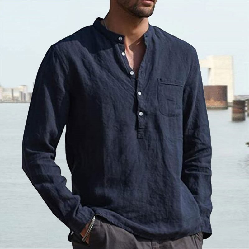 Men's Shirt Linen Shirt Maroon Shirt Solid Color V Neck White Black Gray Wine Army Green Long Sleeve Daily Vacation Tee