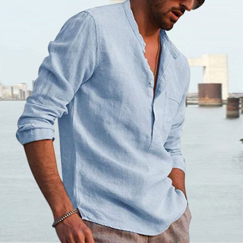 Men's Shirt Linen Shirt Maroon Shirt Solid Color V Neck White Black Gray Wine Army Green Long Sleeve Daily Vacation Tee