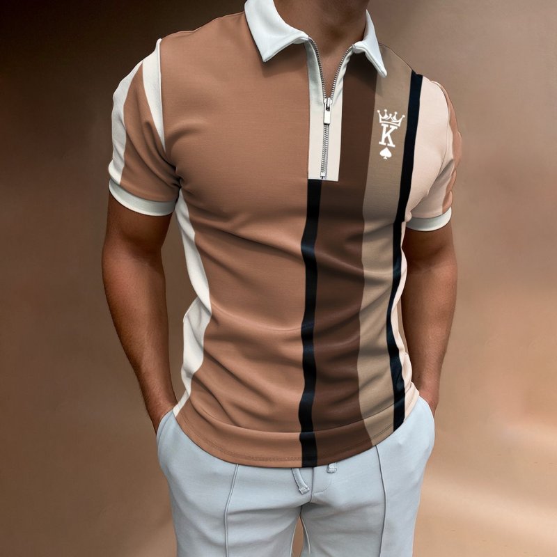 Men's Casual King Stripe Pattern Print Short Sleeve Zipper Polo Shirt