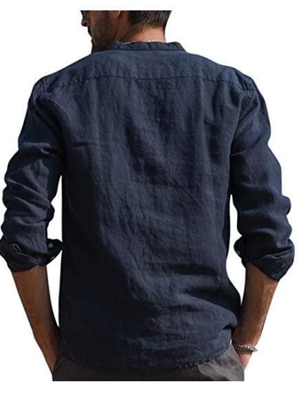 Men's Shirt Linen Shirt Maroon Shirt Solid Color V Neck White Black Gray Wine Army Green Long Sleeve Daily Vacation Tee