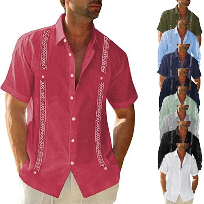 Men's Linen Shirt Cuban Shirt Ethnic Print Pocket Vacation Button Clothing Fashionable Casual Breathable Comfortable