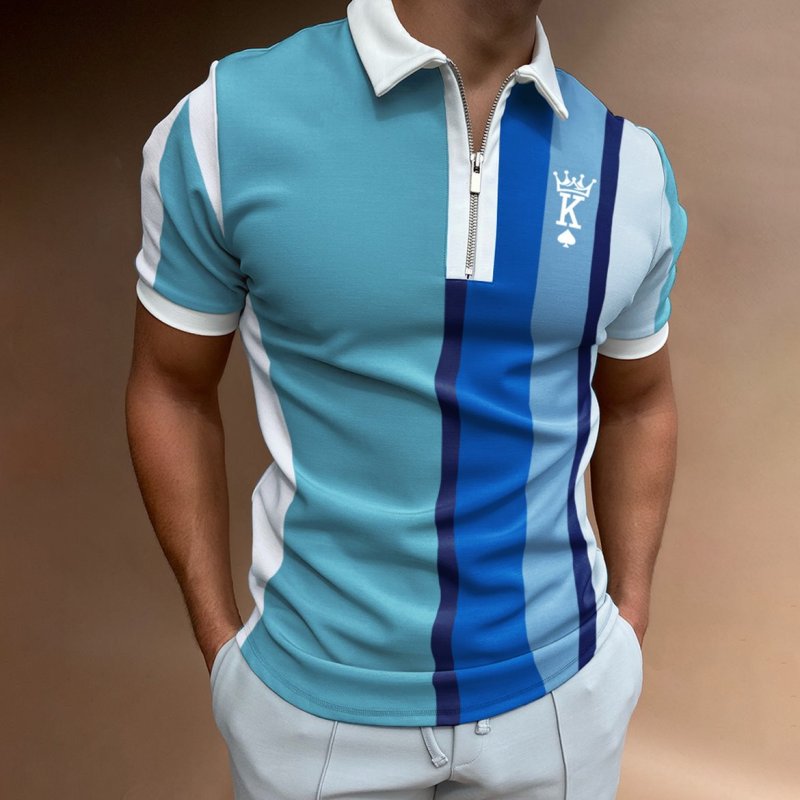Men's Casual King Stripe Pattern Print Short Sleeve Zipper Polo Shirt