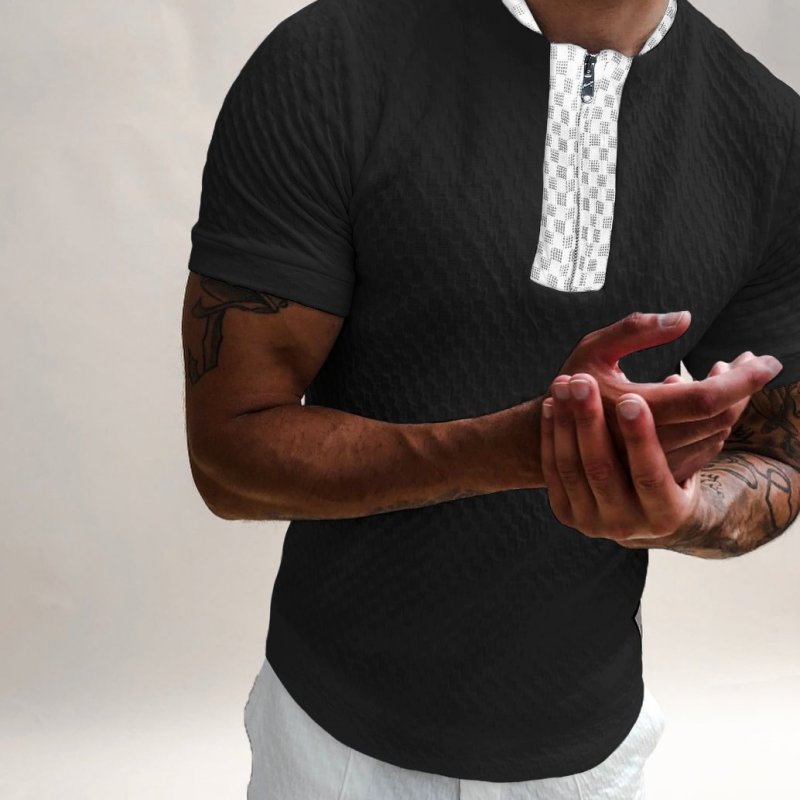 Textured Collarless Slim Fit Polo Shirt
