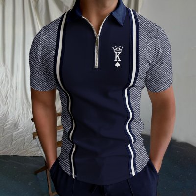 Men's Casual King Geometric Pattern Print Short Sleeve Zipper Polo Shirt