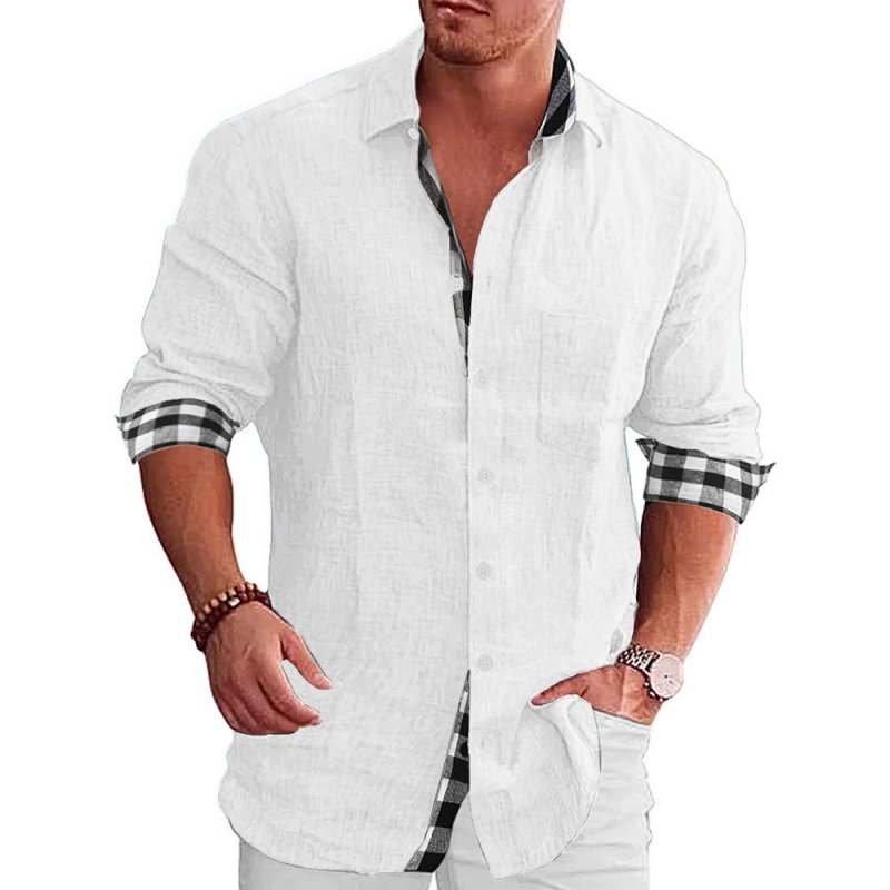 Men's Check Print Contrast Long Sleeve Vintage Lapel Shirt
