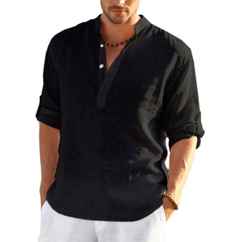 Men's Solid Color Casual Long Sleeve Cotton Linen Shirt