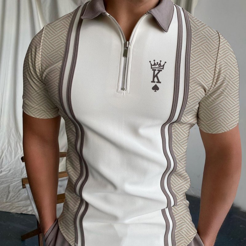 Men's Casual King Geometric Pattern Print Short Sleeve Zipper Polo Shirt