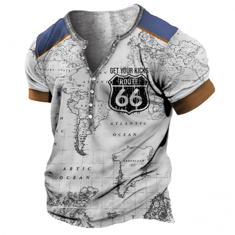 Plus Size Men's Vintage Nautical Map Route 66 Henley T-Shirt