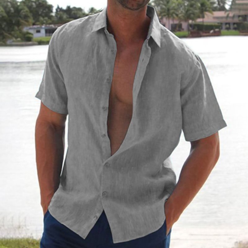 Summer Lapel Solid Color Short Sleeve Men's Linen Blouse