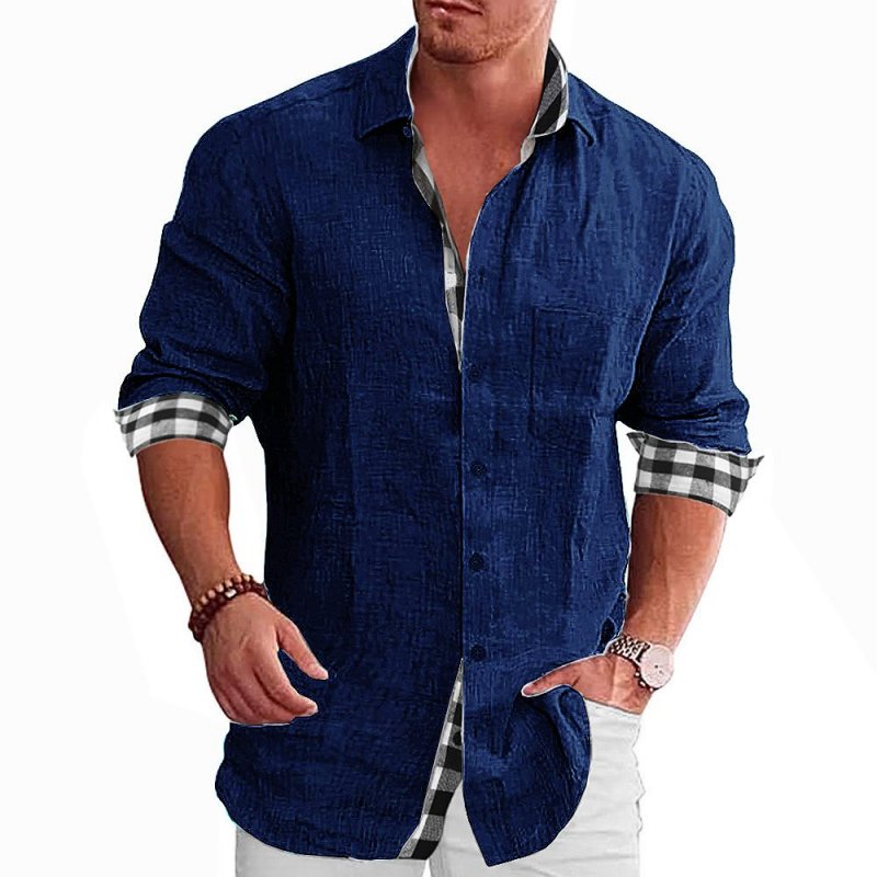 Men's Check Print Contrast Long Sleeve Vintage Lapel Shirt