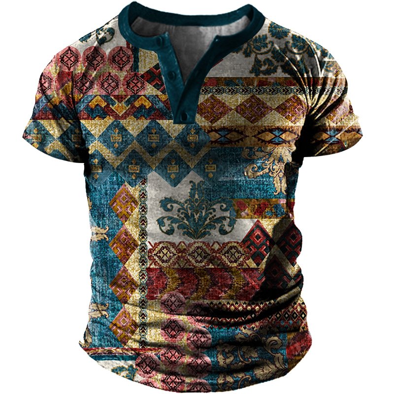 Men's Outdoor Western Ethnic Pattern Vintage Henry Shirt