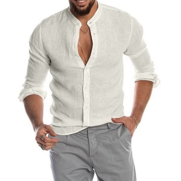 Men's Casual Linen Shirt Band Collar Long Sleeve Button Down Shirt