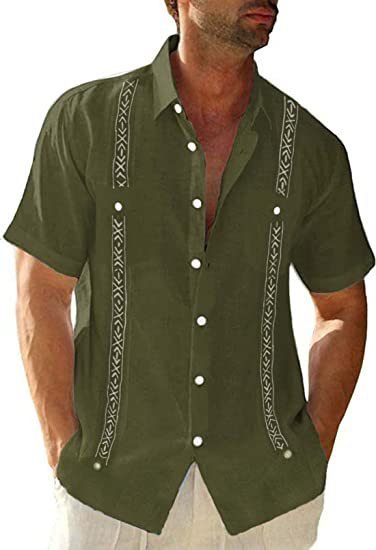 Men's Linen Shirt Cuban Shirt Ethnic Print Pocket Vacation Button Clothing Fashionable Casual Breathable Comfortable
