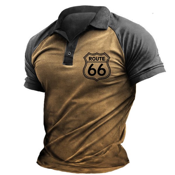 Route 66 Print Men's Vintage Polo Shirt Short Sleeve T-Shirt