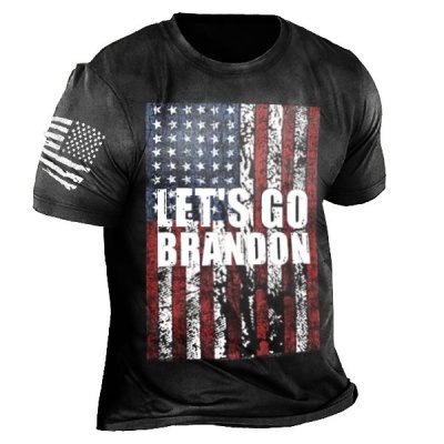 Let's Go Brandon American Flag Print Round Neck Cotton T-shirt