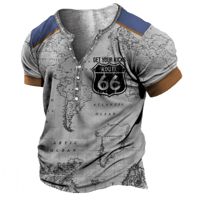 Plus Size Men's Vintage Nautical Map Route 66 Henley T-Shirt