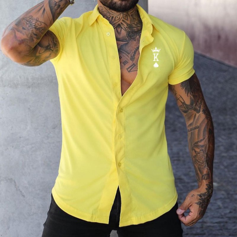 Men's Fashion Crown Poker K Print Casual Slim Short Sleeve Shirt