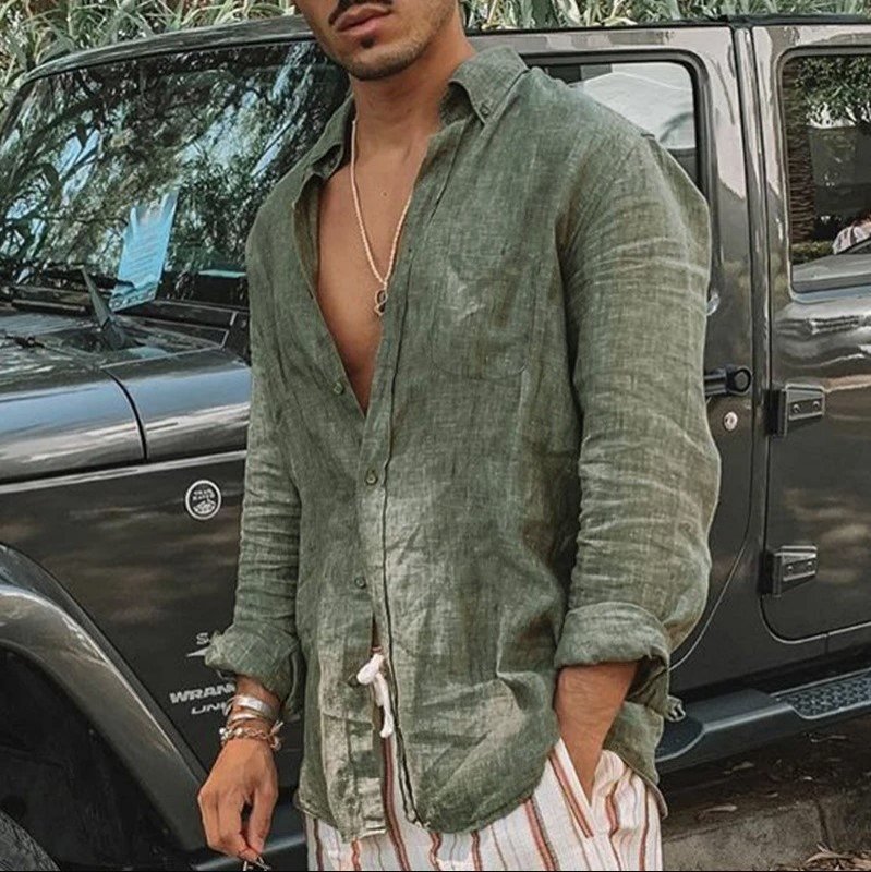 Mens Long Sleeve Button Cotton And Linen Shirt