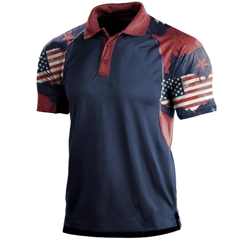 Men's Vintage American Flag Print Polo Neck T-Shirt
