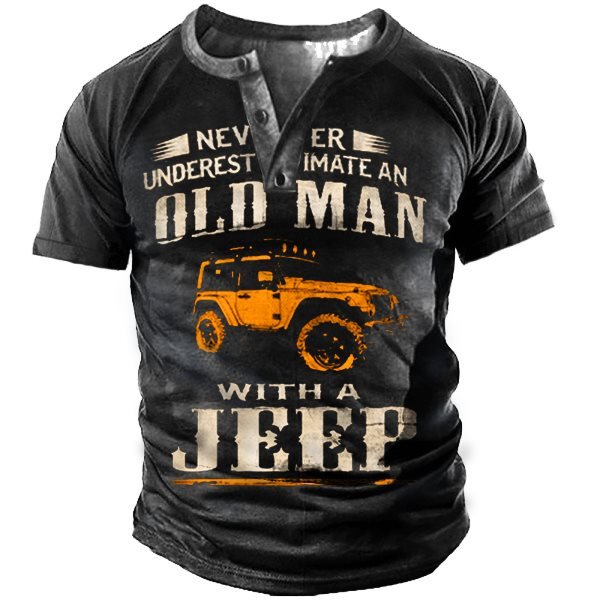 Old Man's Jeep Men's Vintage Print Henley Collar Short Sleeve T-Shirt
