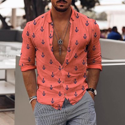 New Mens Fashion Vintage Anchor Print Casual Shirt
