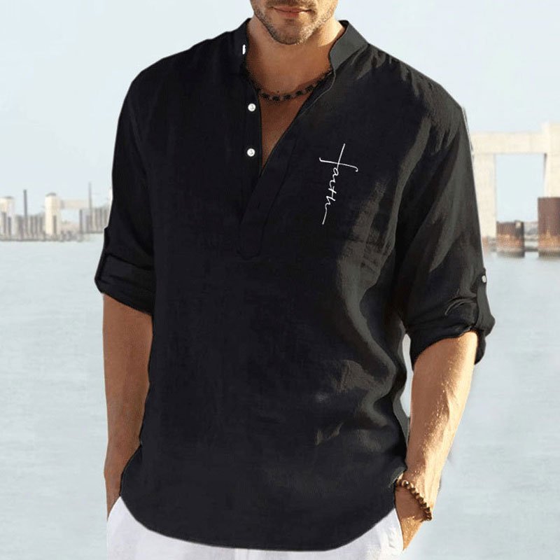 Men's Casual Cotton Linen Solid Color Long-sleeved Loose Collar Blouse