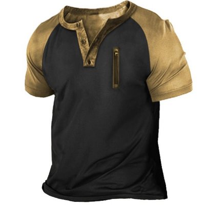 Men's Outdoor Zip Retro Print Tactical Heney Short Sleeve T-Shirt