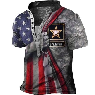 US Army Print Men's Vintage Henley Collar T-Shirt