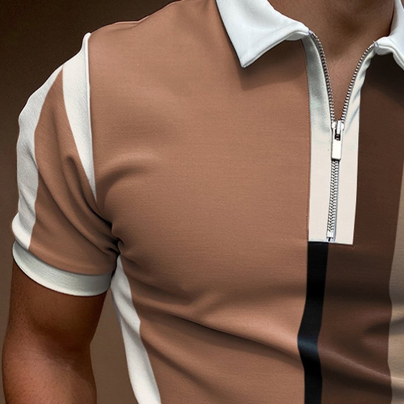 Men's Casual King Stripe Pattern Print Short Sleeve Zipper Polo Shirt