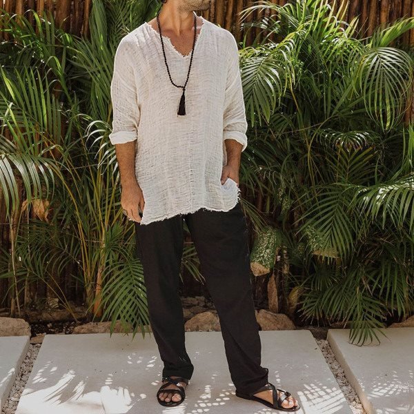 Men's Linen V-neck Long Sleeve Shirt