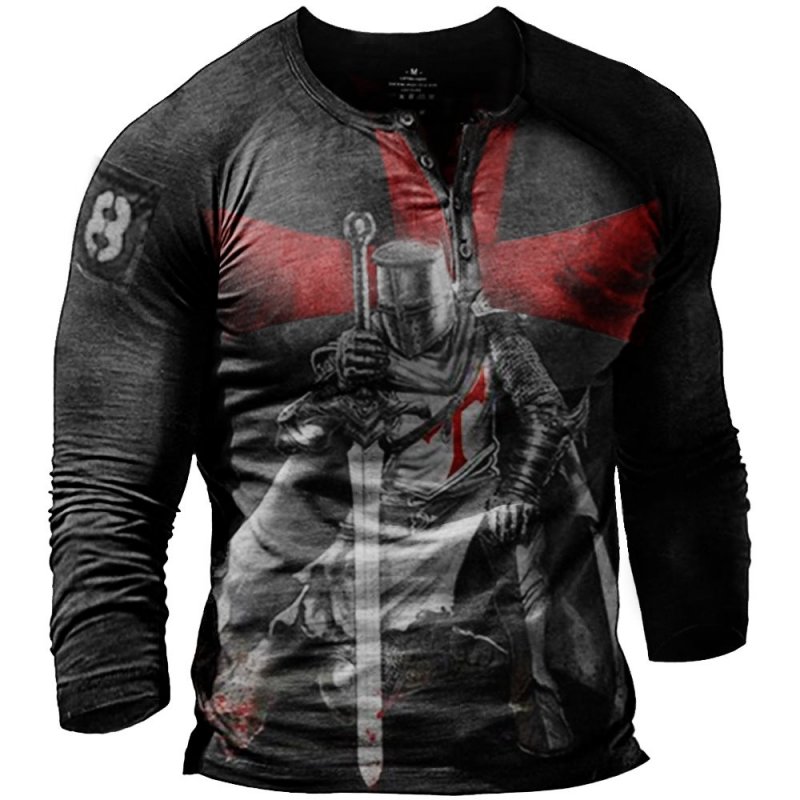 Men's Outdoor Retro Print Long-Sleeved V-neck Tactical Top