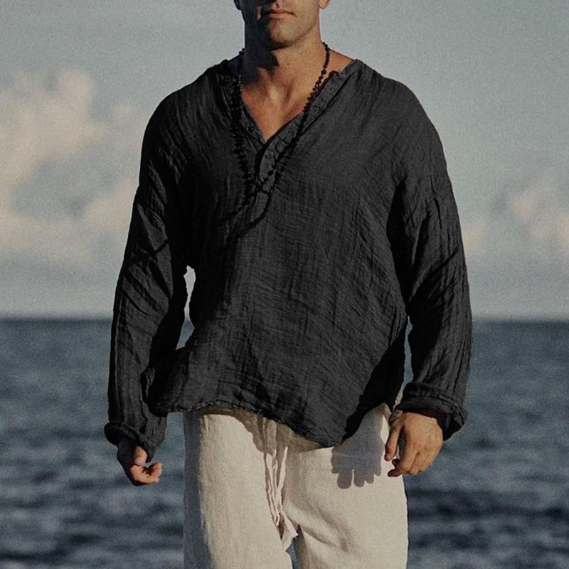 Men's Linen Half-open Collar Long-sleeved Shirt
