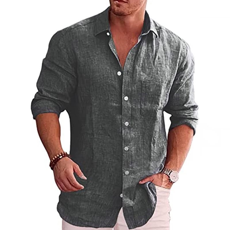 Men's Casual Loose Solid Color Casual Long Sleeve Shirt