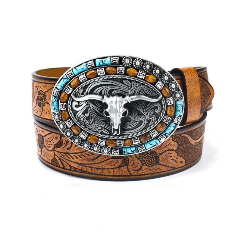 Men's Vintage Western Cowboy Bullhead Big Plate Buckle Belt