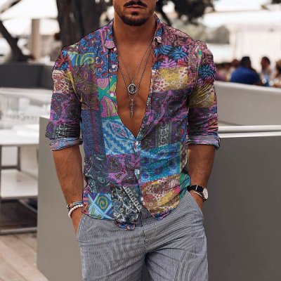 Retro Mens Holiday Ethnic Style Stitching Printed Shirt