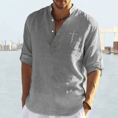 Men's Casual Cotton Linen Solid Color Long-sleeved Loose Collar Blouse
