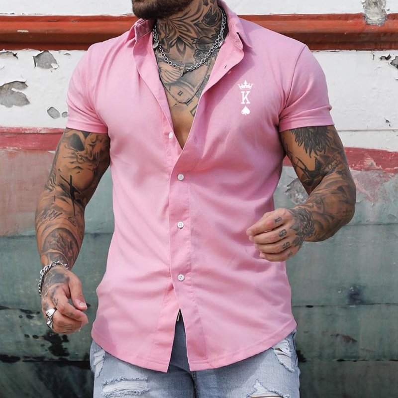 Men's Fashion Crown Poker K Print Casual Slim Short Sleeve Shirt