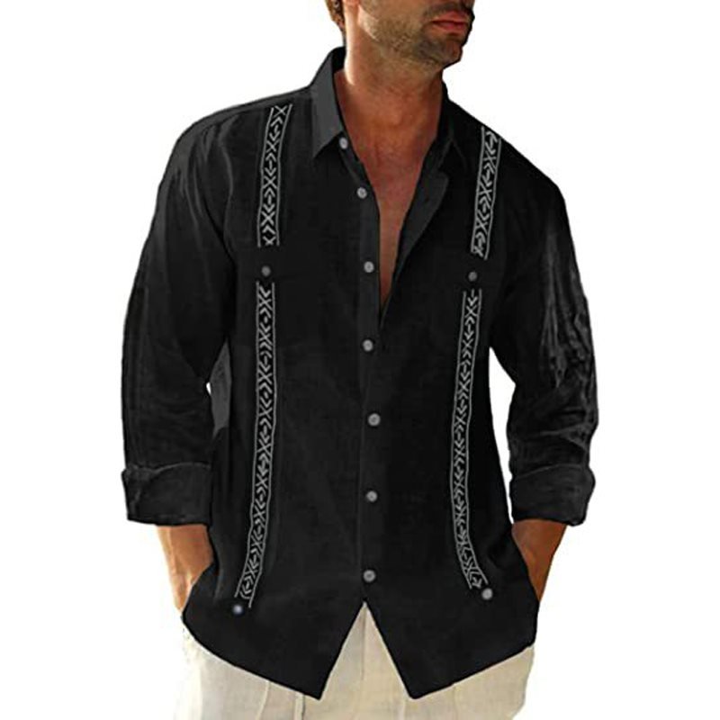Men's Linen Shirt Cuban Shirt Ethnic Print Pocket Vacation Button Clothing Fashionable Casual Breathable Comfortable