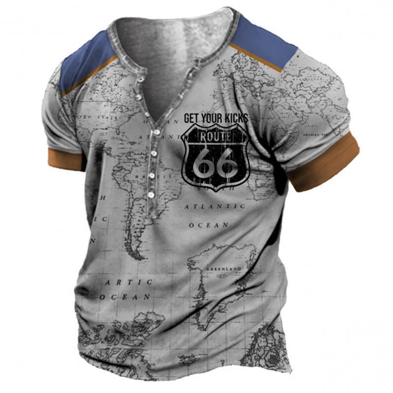 Plus Size Men's Vintage Nautical Map Route 66 Henley T-Shirt