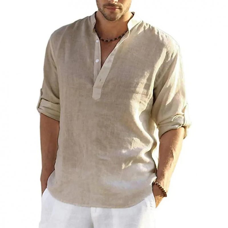 Men's Solid Color Casual Long Sleeve Cotton Linen Shirt