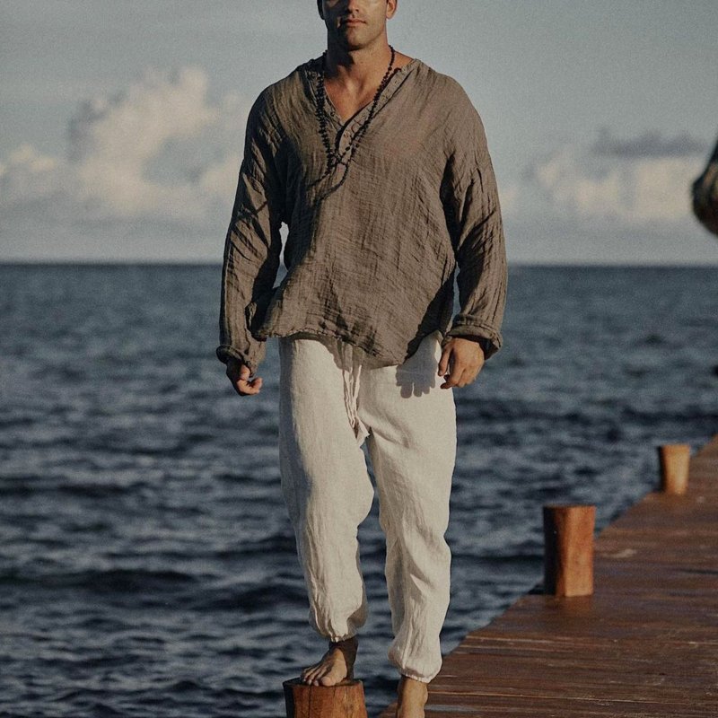 Men's Linen Half-open Collar Long-sleeved Shirt