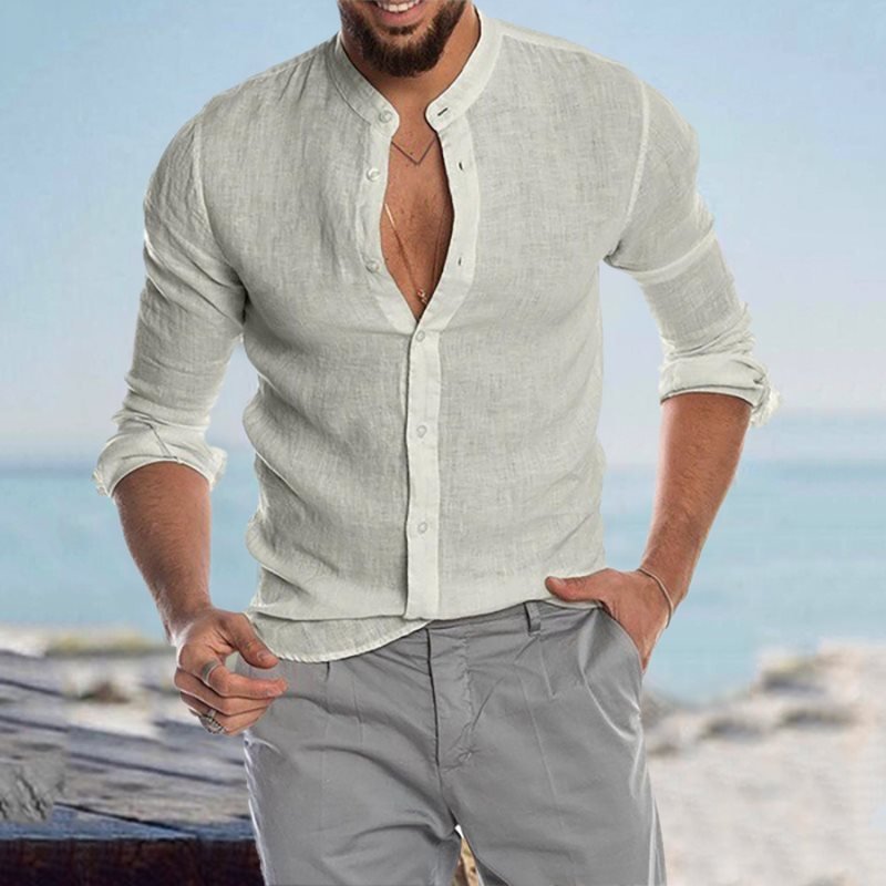 Men's Casual Linen Shirt Band Collar Long Sleeve Button Down Shirt
