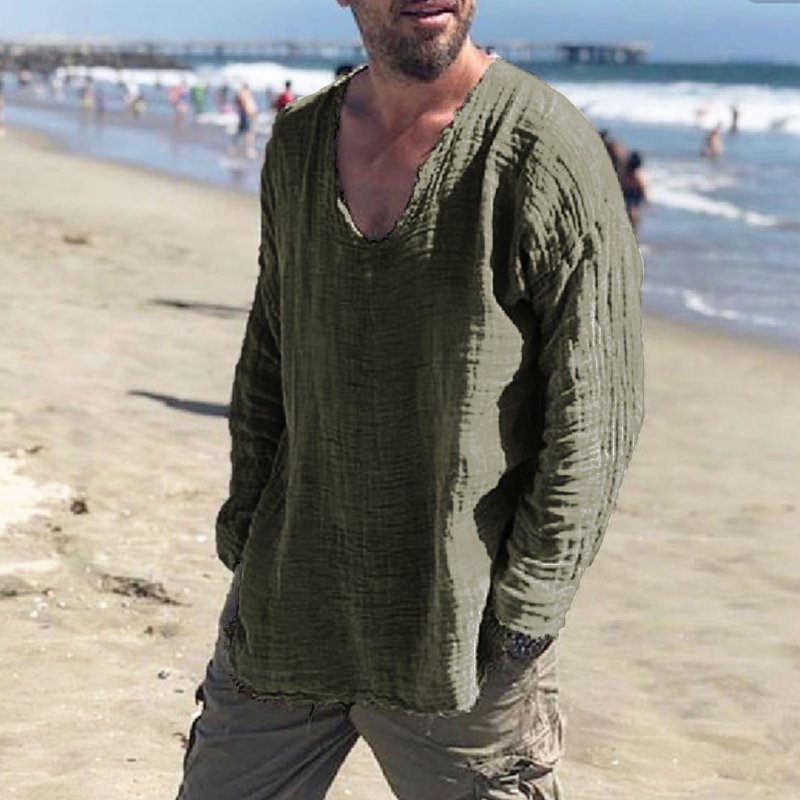 Men's Linen Holiday Plain Round Neck Long Sleeve Shirt