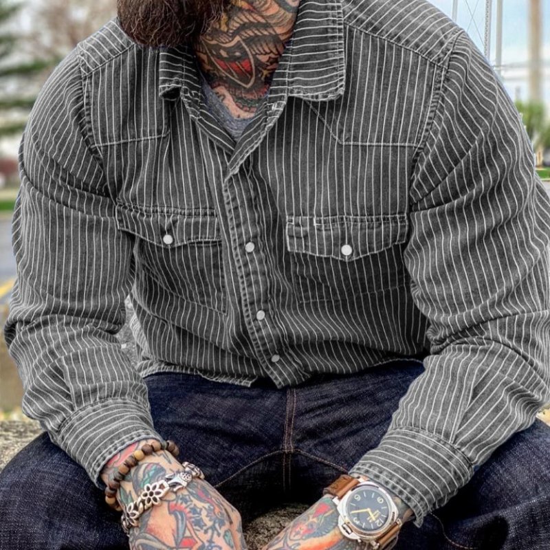 Heavyweight Retro Railway Striped Long-sleeved Shirt