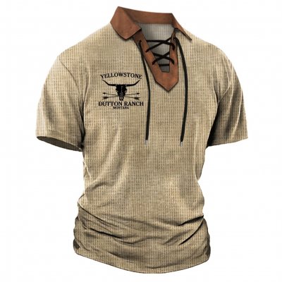 Men's Vintage Waffle Yellowstone Lace-Up Lapel T-Shirt